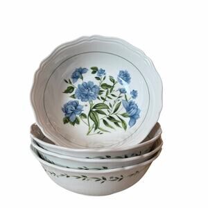 Envogue Blue Floral Salad Bowls 7in Porcelain Set of 4 Scalloped New